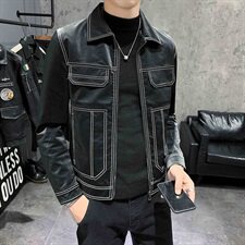 1店主风秋季修身皮衣男士翻领亮色辑明线夹克外套301B-PY12，男装皮衣，电商C301B