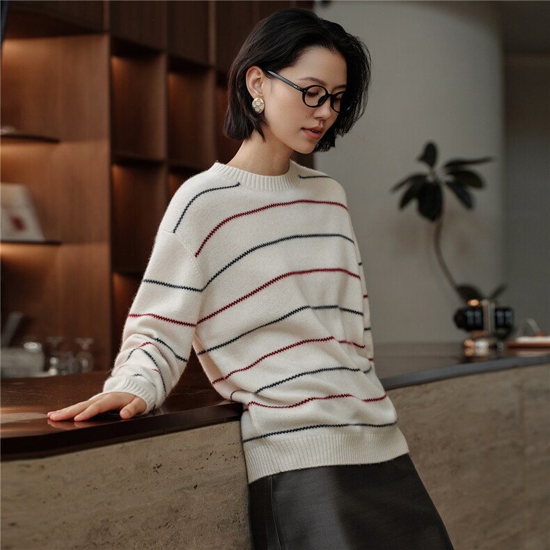 2025秋冬新款女羊绒衫100%纯山羊绒加厚宽松针织衫条纹羊绒套衫,女装羊绒衫,绒知纯羊绒