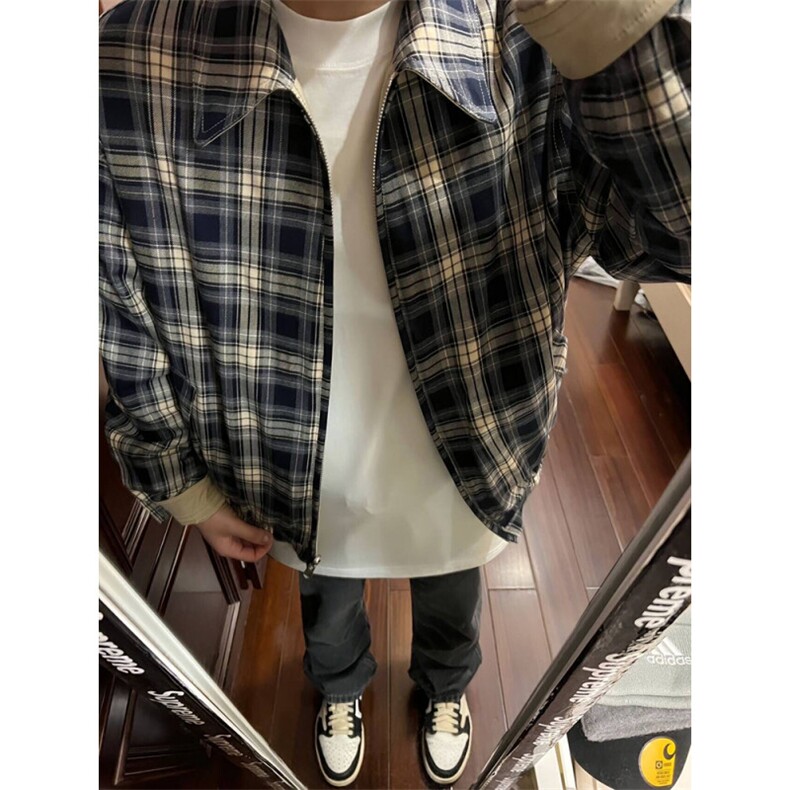 【双面穿】复古格纹外套男春秋新款潮牌宽松休闲哈灵顿夹克男女，男装夹克，星座601-1