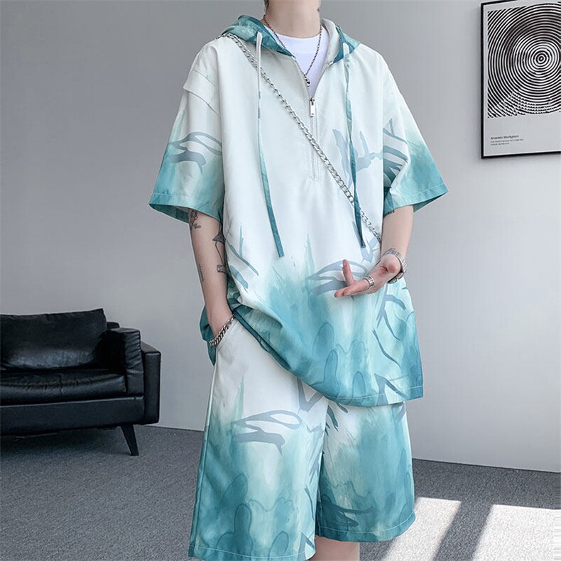 TZ770-特批50控98速干简约渐变色扎染冰丝T恤男装休闲短袖套装,男装T恤,电商A059