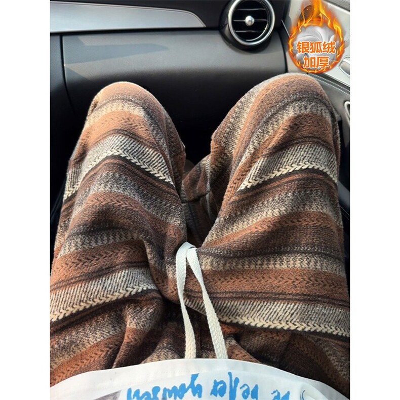 毛呢条纹美拉德保暖银狐绒男大码拖地休闲裤K5778J加绒-特P45控88，男装棉衣，电商A001