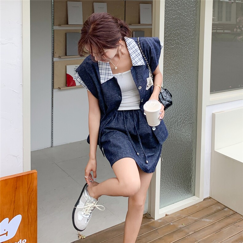 淡人复古格子拼接牛仔套装女2025夏季新款减龄无袖衬衫短裙两件套,女装套装/套裙,2C232