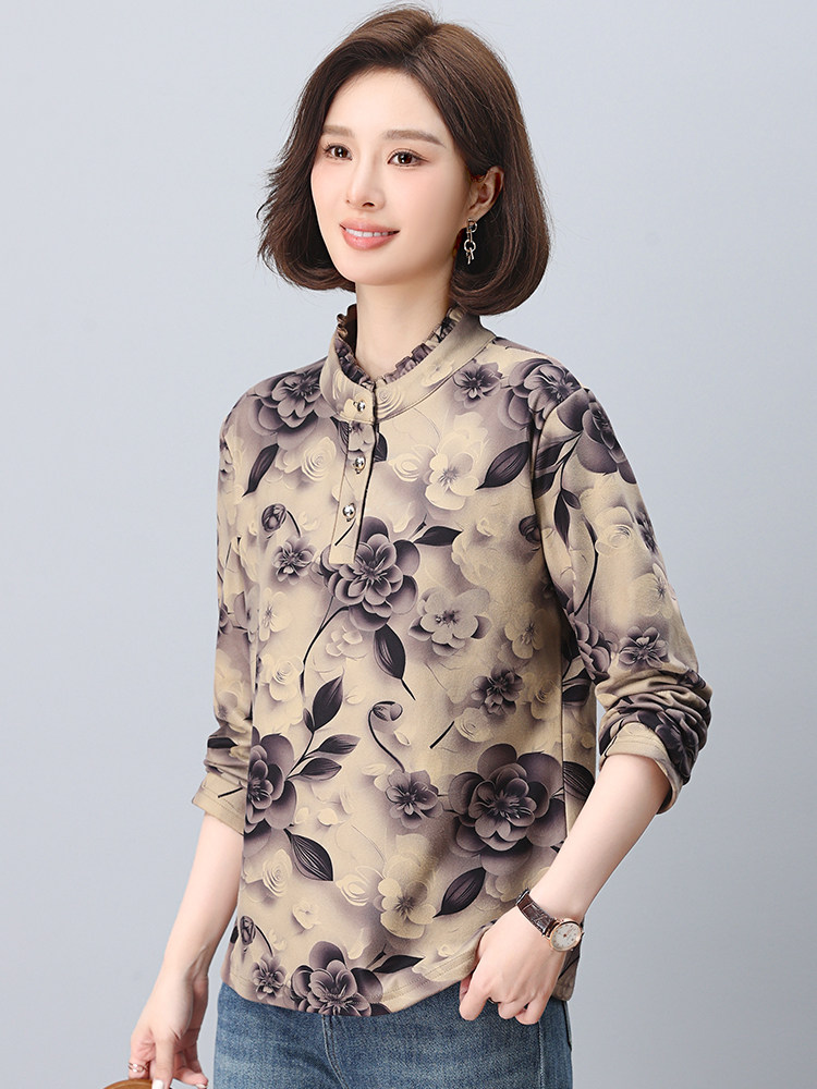 大量现货高领打底衫女秋冬装2024年碎花加绒内搭上衣中年妈妈加厚,女装大码女装,奕阳依阁