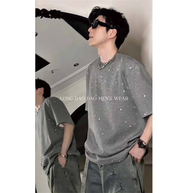 网图夏季新款重工彩色星星烫钻设计感短袖T恤男休闲百搭上衣P35,男装T恤,电商C306-1