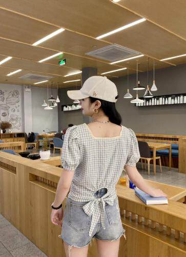 后系带花边领格子上衣，女装，斐伦缇娜