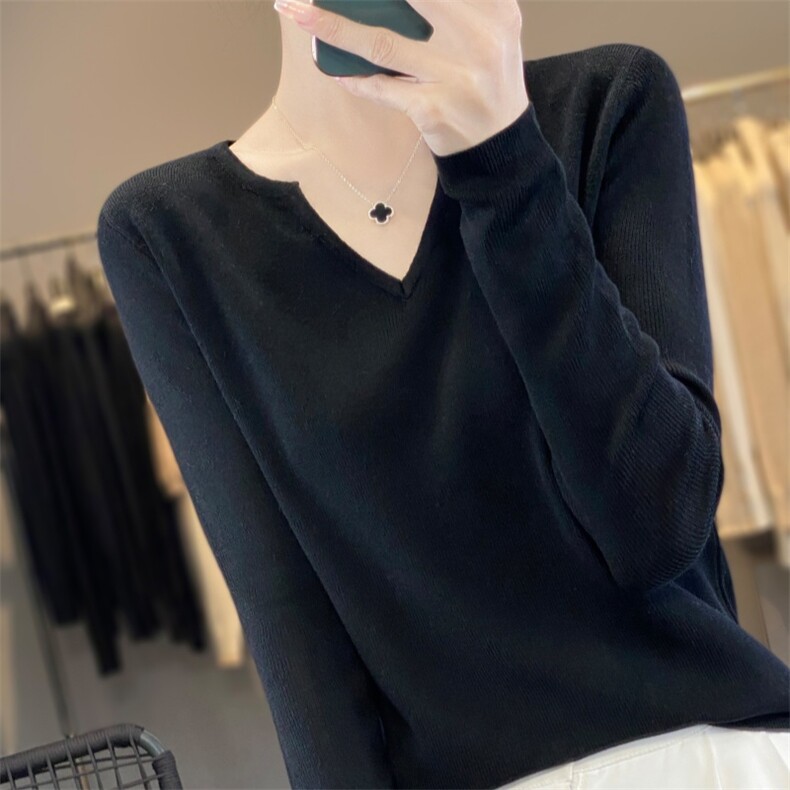 修身显瘦半开V领针织衫女春秋薄款韩版长袖t恤简约内搭毛衣打底衫,针织衫/毛衣,雪真羊绒