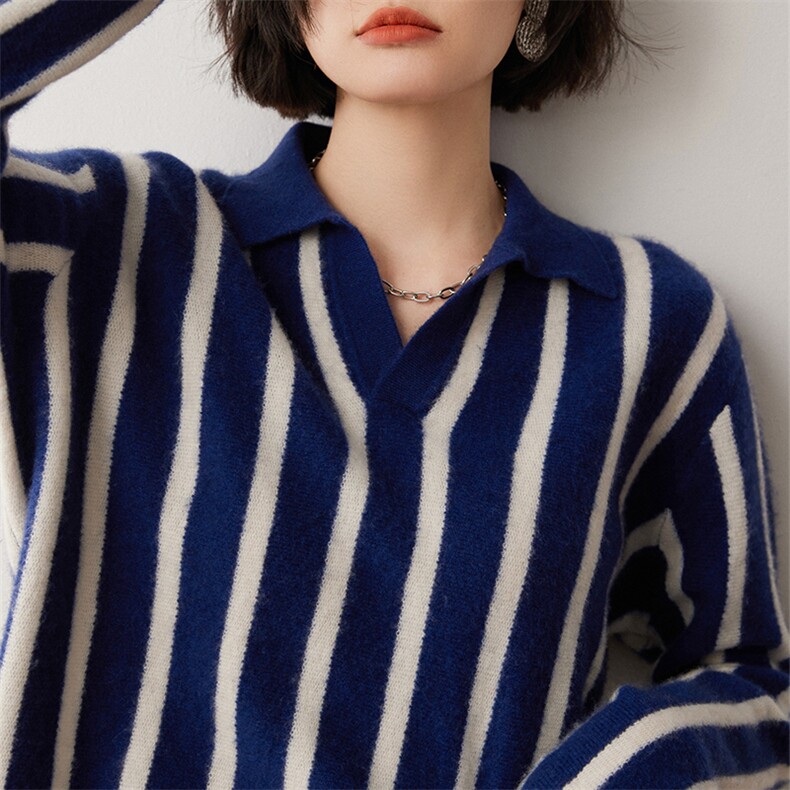 2024秋冬Polo领软糯山羊绒毛衣女新款条纹针织毛衣宽松显瘦打底衫图片