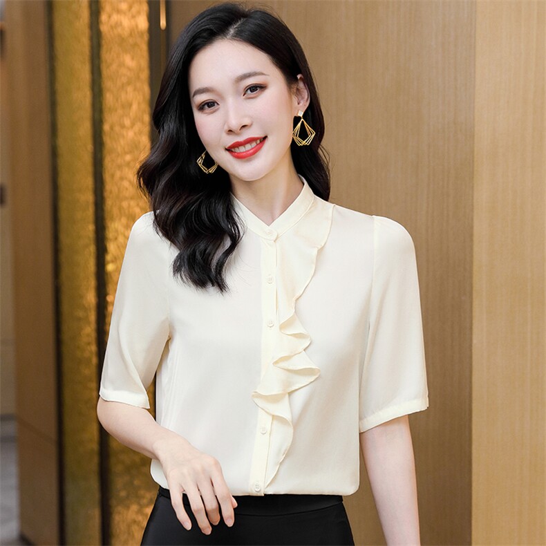 夏装红色真丝衬衫短袖女士荷叶边洋气衬衣气质通勤桑蚕丝上衣小衫,女装衬衫,阿舍尔精品