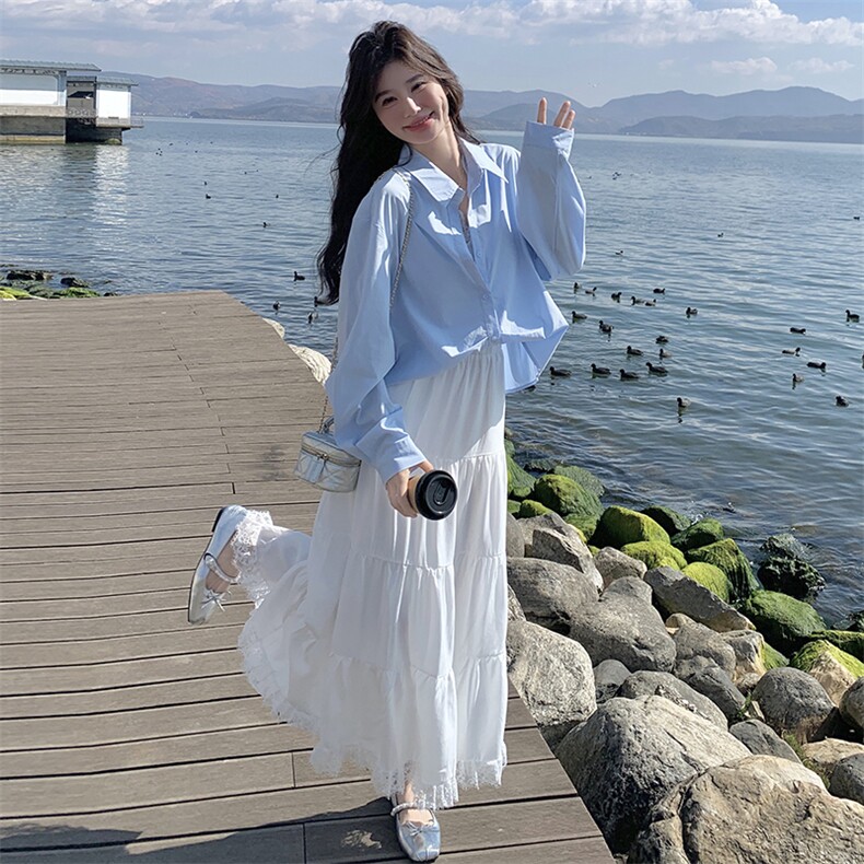 设计款蓝色拼蕾丝衬衣+半裙套装女2025春季新款韩版小个子两件套,女装套装/套裙,2C088