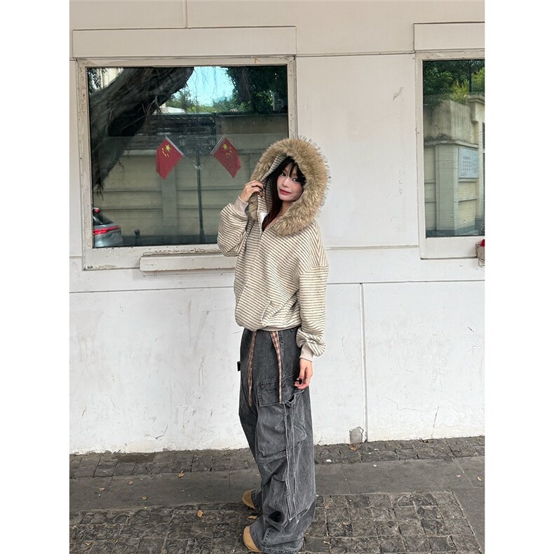 美式条纹连帽毛领卫衣外套男女秋冬宽松慵懒风拉链开衫WM6035-P78,女装短外套,星座208-5