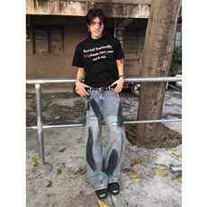 复古做旧宽松破洞牛仔裤男女春季新款高街阔腿拖地直筒裤NZB43，男装牛仔裤，星座516A