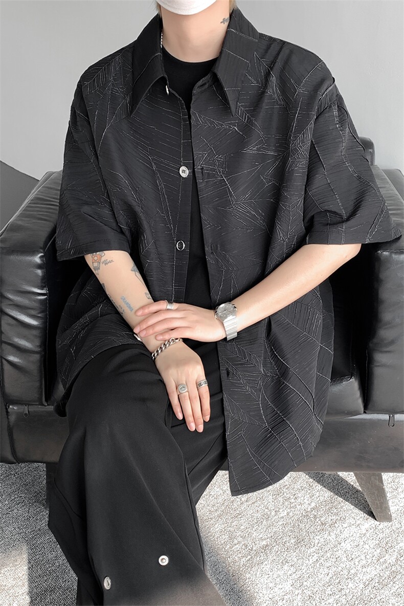 高品质潮流短袖衬衫小众解构肌理感黑色裂纹韩版花衬衫打底T恤P50,男装T恤,电商B319