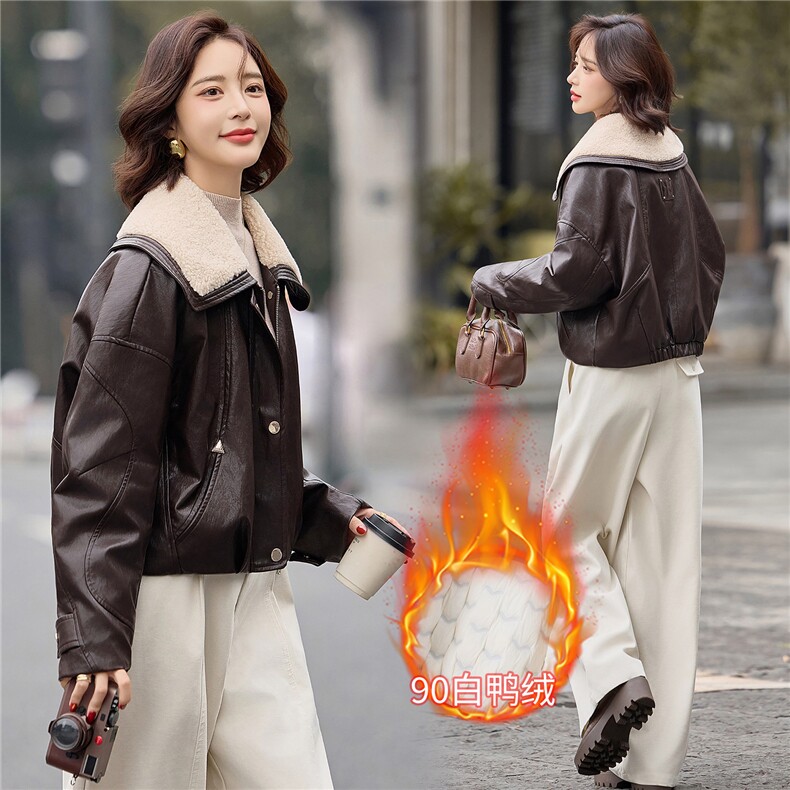 数据好90绒羽绒服。2025冬季新款PU皮羊羔毛领子90绒羽绒服外套女图片