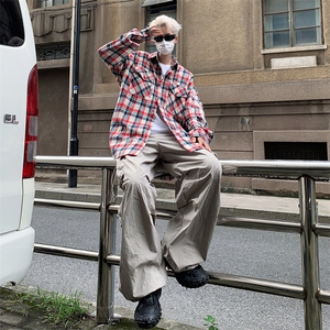 港风秋款男长袖衬衫条纹格子拼接纯棉休闲外套CS130 P45图片