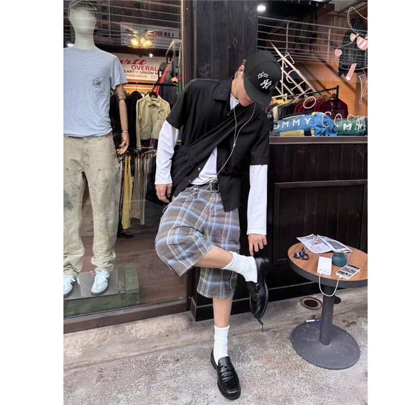 夏季薄款五分休闲短裤男士修身直筒格子印花外穿透气中裤男款,男装牛仔裤,星座506A