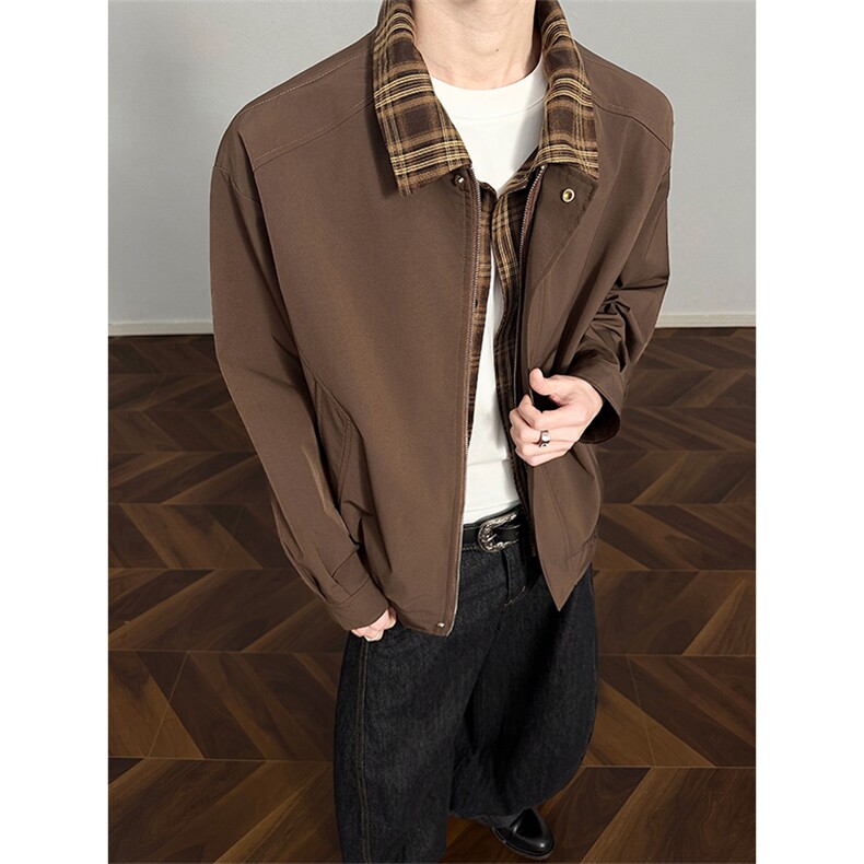 2026春季新款美式复古拼接假两件翻领格子夹克外套J6502特P48控98，男装夹克，电商A001-1