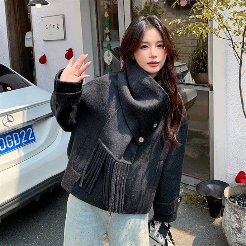 韩版保暖围脖双面羊绒呢子大衣女2025秋冬季新款显瘦短款毛呢外套，女装双面呢大衣，蝶眷