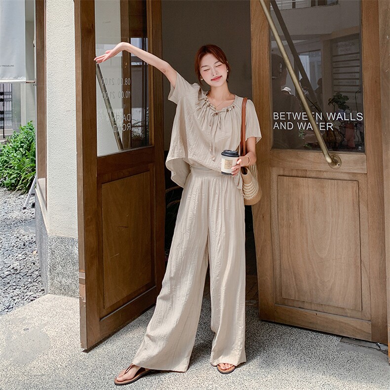 韩系卡其色衬衫阔腿裤套装女夏2025新款两件套ootd穿搭爆款高级感,女装套装/套裙,1D066-1