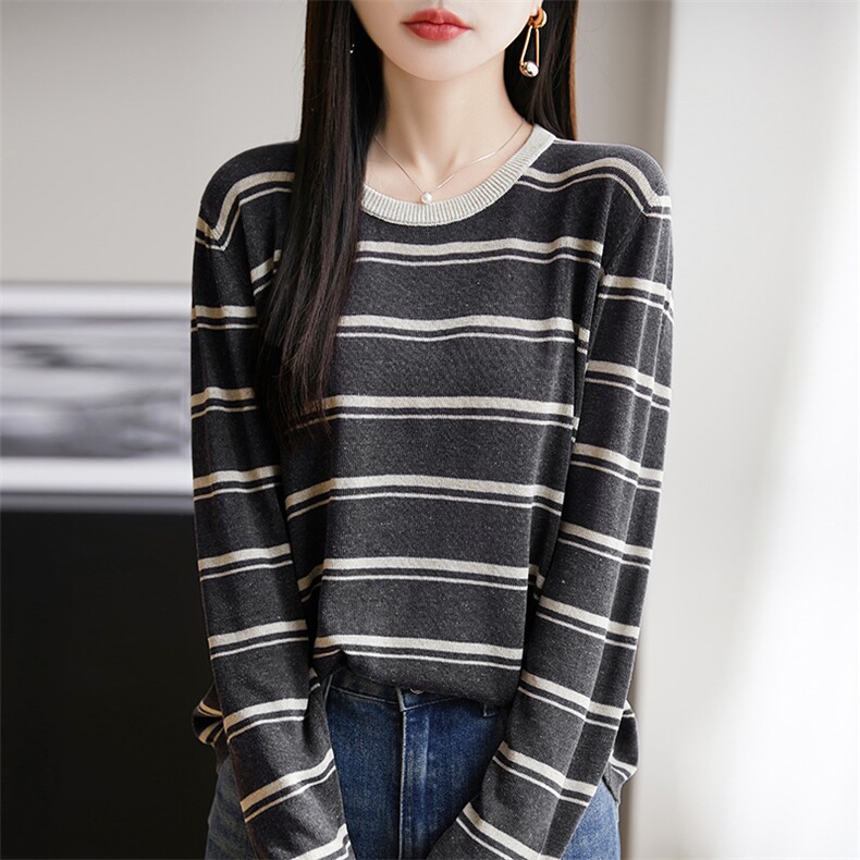 圆领天丝亚麻针织衫女2025夏季新款条纹长袖T恤宽松显瘦打底上衣,女装T恤,朝思羊绒