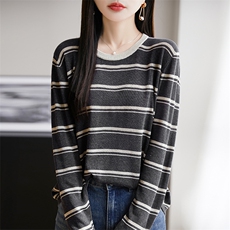 圆领天丝亚麻针织衫女2025夏季新款条纹长袖T恤宽松显瘦打底上衣，女装T恤，朝思羊绒