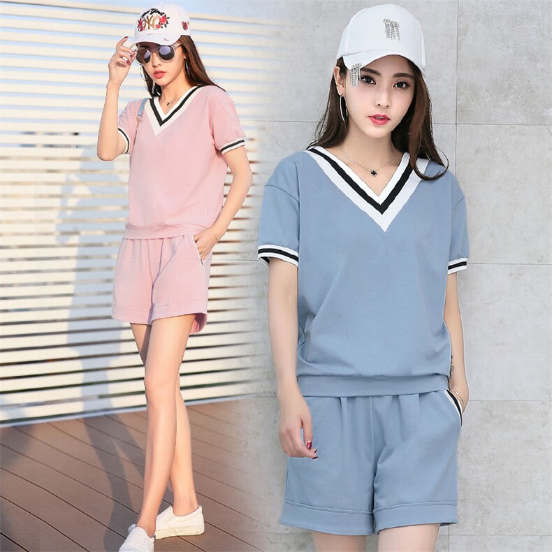 V领 优雅 时尚 休闲 短袖 口袋 清纯 甜美 套装/套裙 2020年夏季图片