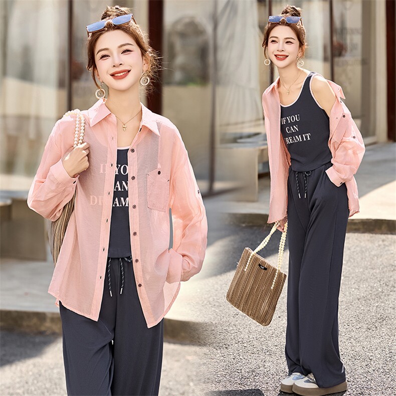 时尚休闲松弛感套装女2025春夏新款宽松百搭衬衫背心阔腿裤三件套图片
