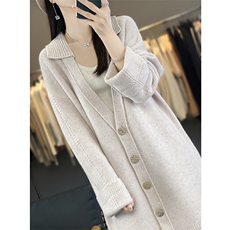 中长款100%纯羊毛开衫女24秋冬翻领加厚宽松毛衣慵懒羊绒针织外套，女装羊毛衫，琳华羊绒