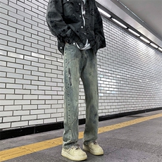 秋款男牛仔裤工装拼接侧边单排扣拉链休闲直筒长裤NK728P55，男装牛仔裤，星座1013-1
