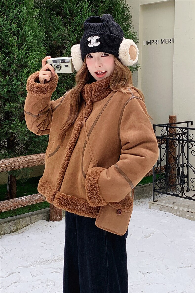 美拉德加绒加厚皮毛一体外套女2025冬季新款韩版保暖显瘦棉服上衣,女装皮草,2C306