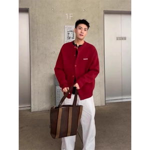 现货MY10-P78新年红色字母针织毛衣开衫外套男宽松情侣装