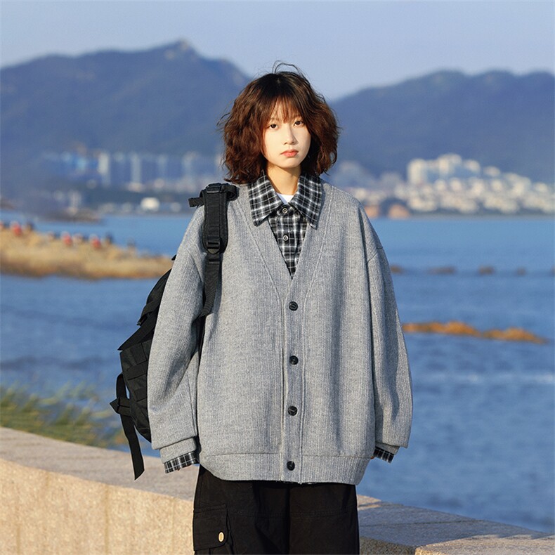 日系假两件重磅格子针织开衫男秋季宽松叠穿休闲外套女ZA266P71,女装短外套,星座1112-1