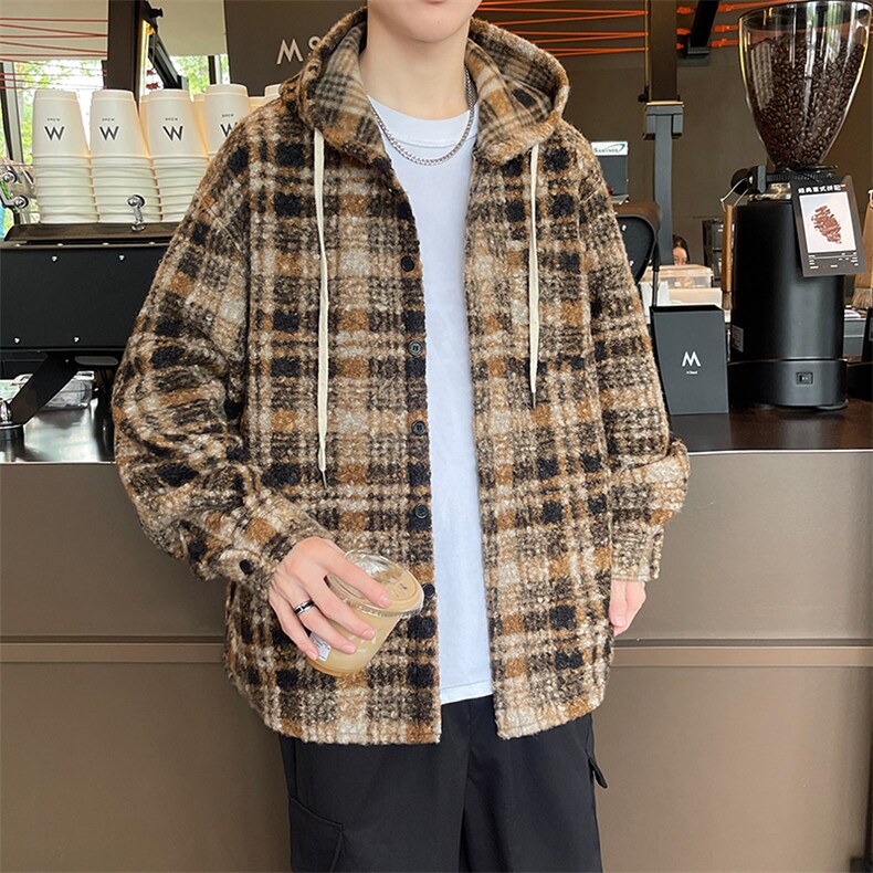 格子秋冬款圈圈毛男装夹克外套呢子料连帽加厚衬衫A056-5730P60,男装夹克,电商A056