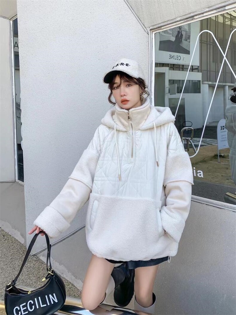 现货羊羔毛拼接卫衣，女装卫衣/绒衫，爱美欧