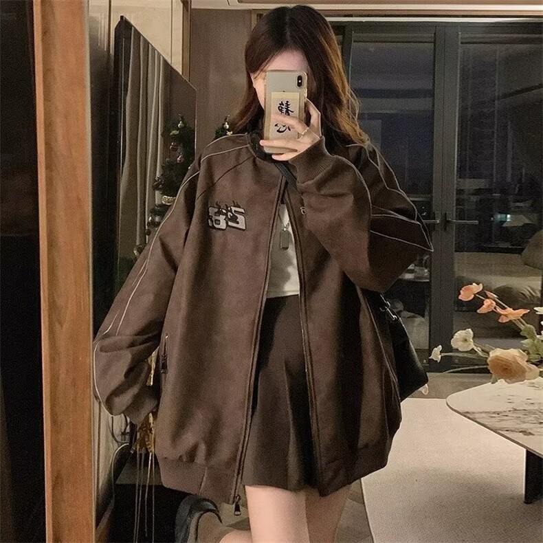 1506-1/JW1731/P73美式复古春秋季棕色宽松重磅刺绣pu皮外套男女，男装皮衣，星座1506-1