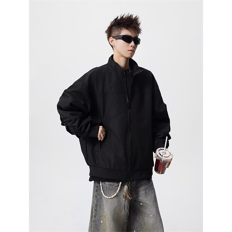 抖音得物美式潮休闲夹克春季立领纯色复古工装加厚棉服外套AMY01,男装夹克,电商A443