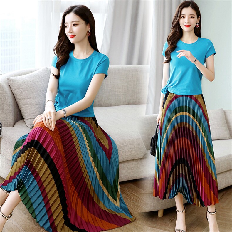 时尚彩色百褶显瘦两件套裙优雅气质修身长裙，女装套装/套裙，岚衣(原川流布茜）