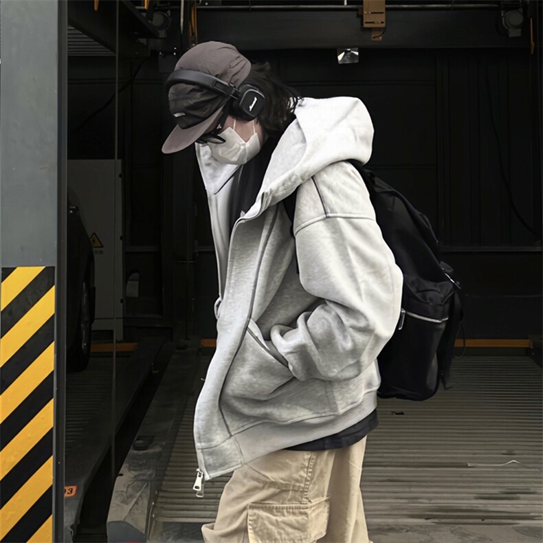 抖音得物高品质秋冬美式高街重磅结构辑明线纹理连帽卫衣外套W111,女装短外套,电商A486-1