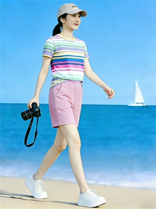 学院风网红运动套装女夏新款圆领彩虹条纹短袖上衣阔腿短裤两件套图片