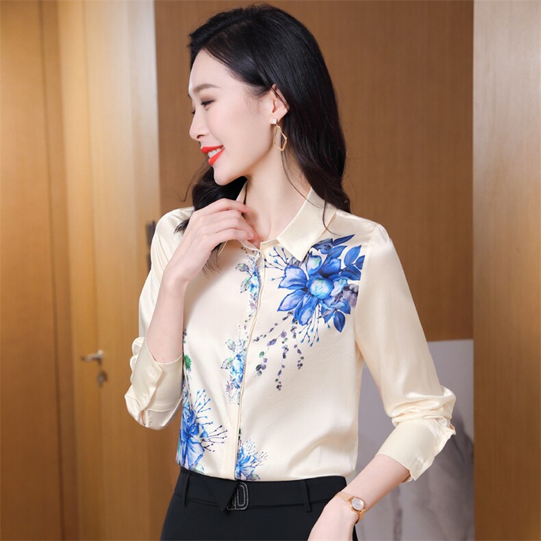 杭州重磅真丝衬衫女长袖高端真丝2026新款春秋粉色印花上衣,女装衬衫,阿舍尔精品