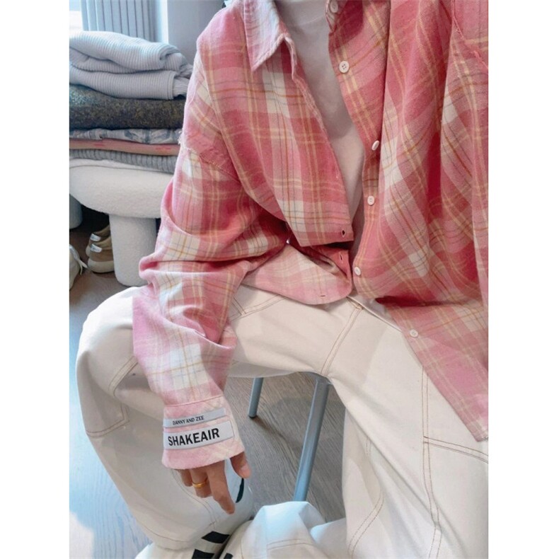 粉色格子衬衫男破坏长袖衬衣美式复古青少年高街外套C001,男装衬衫,星座1116A（原606A-3）