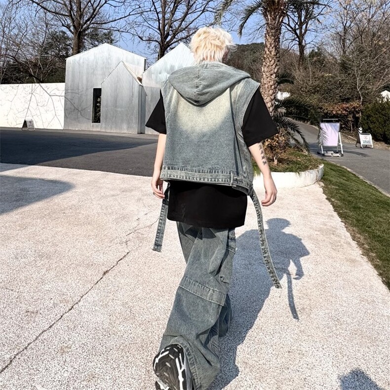美式高街牛仔复古连帽马甲多袋牛仔长裤男宽松套装两件套潮牌春夏,男装背心/马甲,星座1210-1