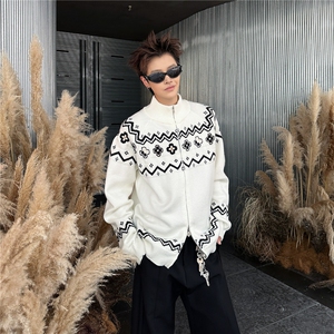 民族风花瓣费尔岛开衫立领毛衣男女同款秋冬季针织外套MY9575