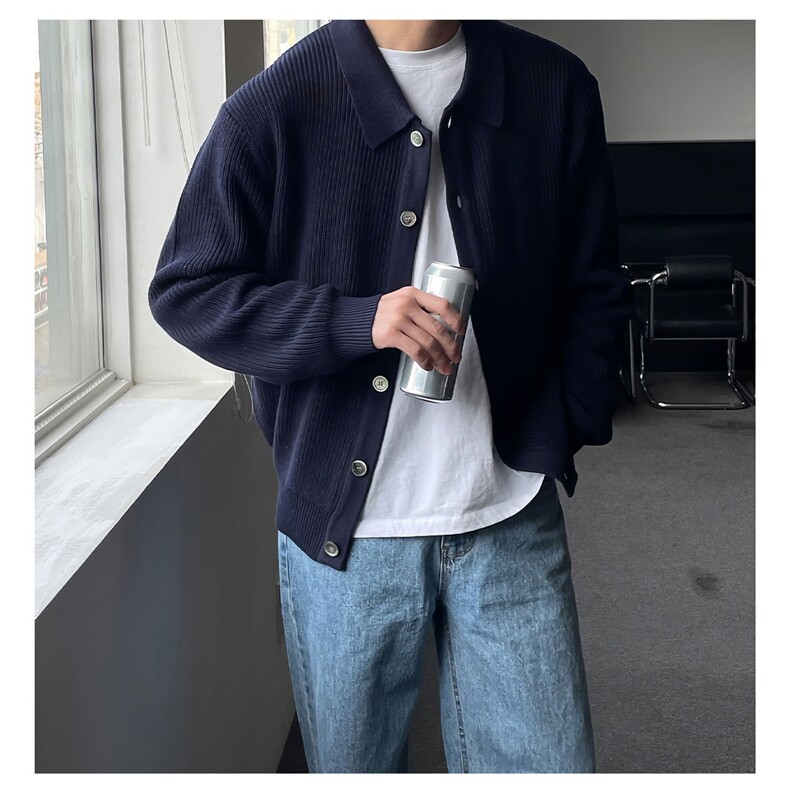 高级感简约针织开衫男秋冬季翻领毛衣外套韩系宽松慵懒上衣图片