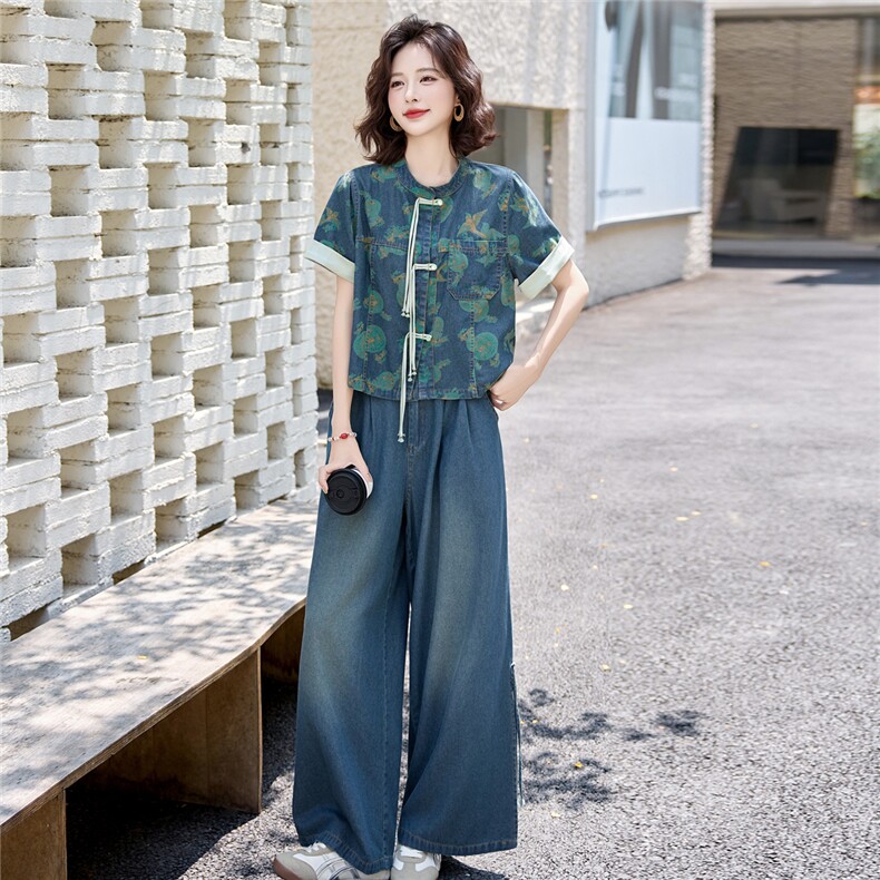 新中式国风盘扣牛仔套装女2025夏季爆款复古印花休闲时尚两件套潮,女装套装/套裙,欣品汇