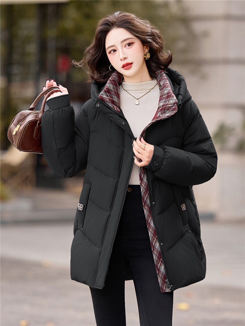 现货2025年冬季新款休闲中长款90绒羽绒服外套女保暖拼子拼接连帽,女装羽绒服,璐依舞