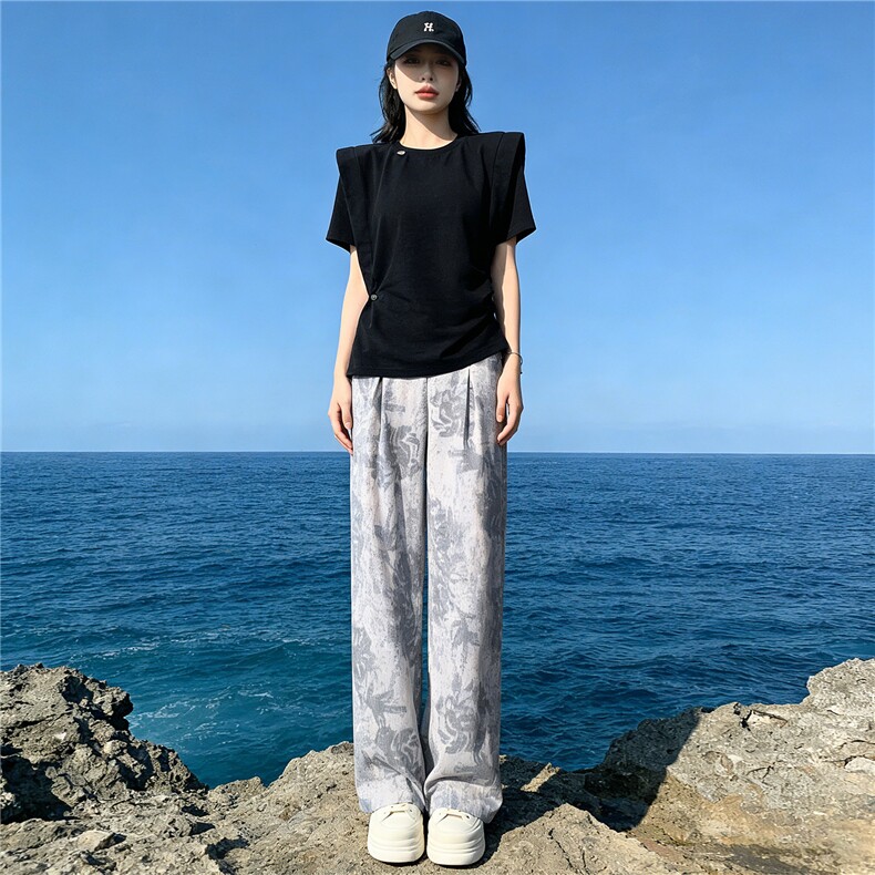 时尚简约套装女夏新款收腰显瘦圆领开叉不规则短袖印花长裤两件套,女装套装/套裙,江南