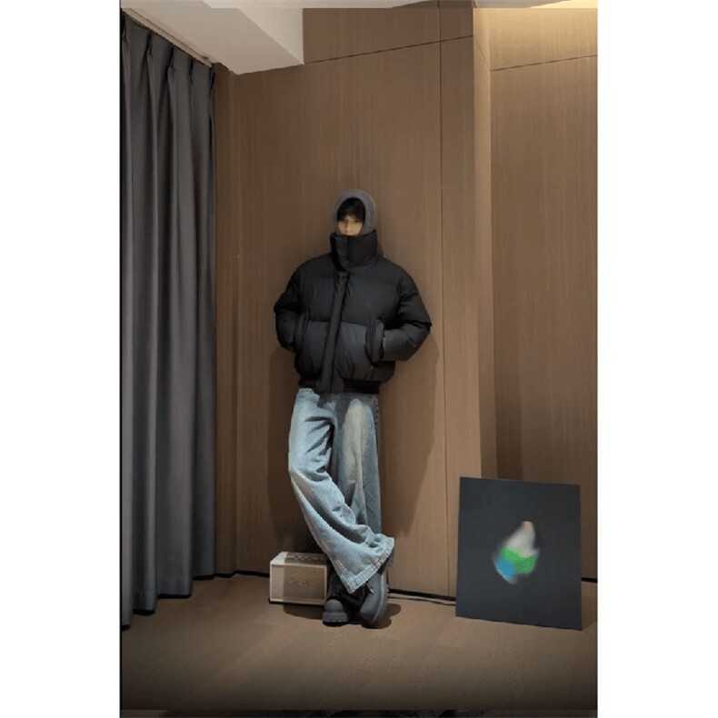 现货5W件冬季三防重磅硬挺boxy短款羽绒立领PU皮棉衣外套加厚棉服，男装棉衣，电商A486-1