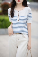 爆款条纹短袖T恤女2025夏季新款宽松显瘦撞色拼接薄款针织衫上衣，女装针织衫/毛衣，斯美雅安迪绒