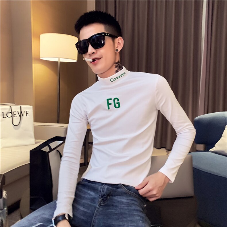 CT6805 2021精神小伙修身男式圆领长袖T恤 潮 白图片
