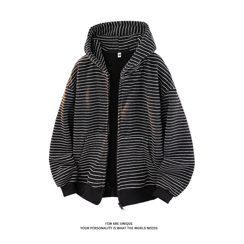 加绒撞色条纹连帽卫衣美式开衫情侣双拉链外套5D1202-TP65118,女装短外套,电商A102